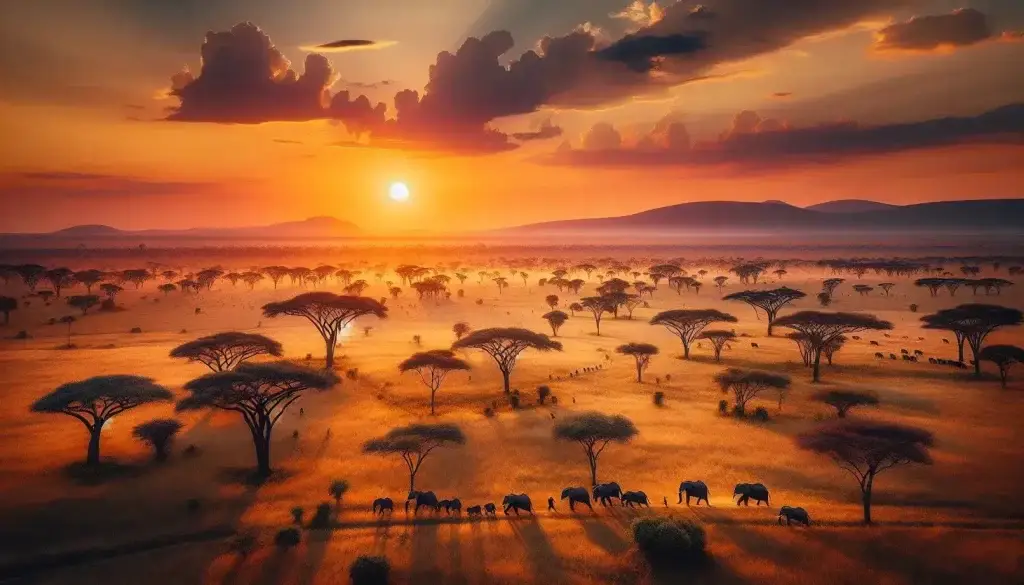 Atardecer en la sabana africana con acacias, elefantes y otros animales en el horizonte.