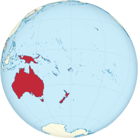 Mapa del mundo con Oceanía en rojo