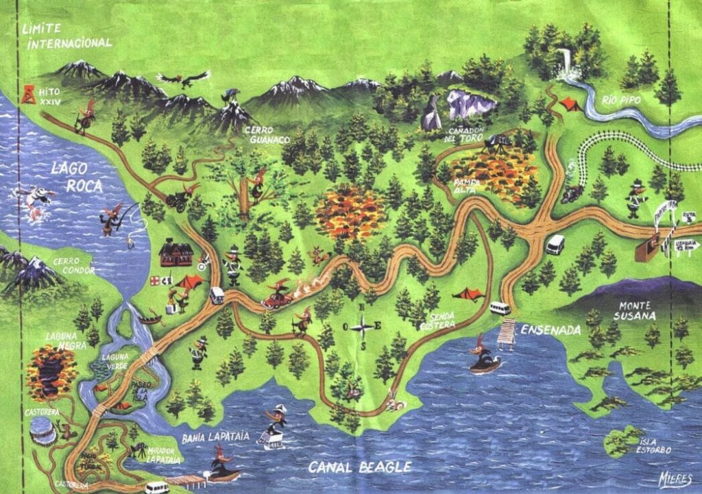Esta es una ilustración de un mapa turístico del Parque Nacional Tierra del Fuego, en Argentina.